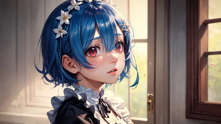 (masterpiece:1.2, best quality), (finely detailed beautiful eyes: 1.2), ((1girl)), ((solo)), (red eyes:1.4), (finely detailed eyes and detailed face:1.3), (beautiful and clear background:1.2), (extremely detailed CG, ultra-detailed, best shadow:1.1), ((depth of field)), ((watercolor)), (maid outfit:1.3), large breasts, bare shoulders, flowers and petals, beautiful concept illustration, (white background:0.5), (illustration:1.1), (extremely fine and beautiful:1.1), (perfect details:1.1), from side, cowboy shot, <lora:Rem_ReZero_v1_1:0.8>, rem_re_zero, light blue hair, short hair,