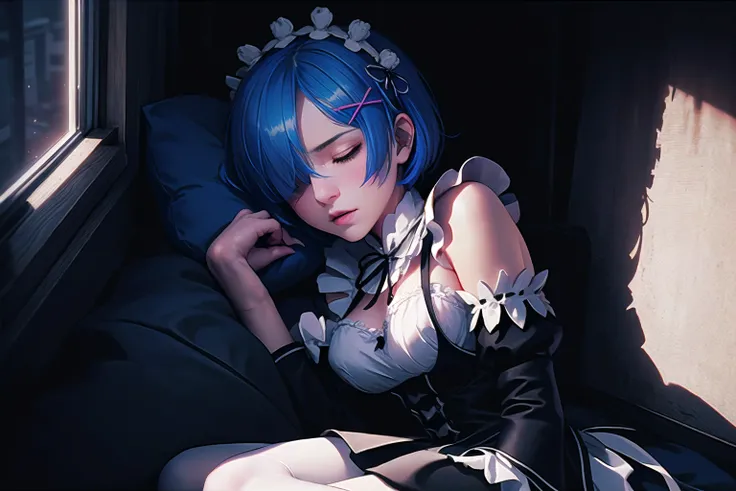 masterpiece, best quality, ultra-detailed, illustration, epic lighting, cinematic composition, <lora:remReZero_v10:0.6> 1girl, rem_re_zero, cute, lustrous skin, blue hair, short hair, (hair over one eye:1.3), blue eyes, roswaal mansion maid uniform, maid headdress, apron, (white pantyhose:1.2), lying, on side, sleeping:1.1, closed eyes, sidewayass, indoors, bedroom, close-up pussy, bed, pillows, night, fantasy, (dark, darkness, pitch black, shadows:1.4), (8k:1.1), <lora:maplestoryStyle_v30:0.3> <lora:lowra_v10:0.6>