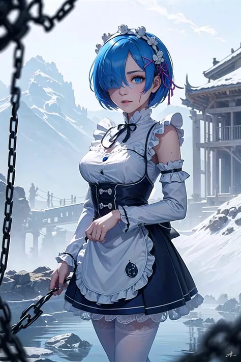 masterpiece, best quality, ultra-detailed, illustration, epic lighting, cinematic composition, isometric, 1girl, solo, <lora:remReZero_v10:0.5> rem_\(re_zero\), cute, lustrous skin, enchanting gaze, captivating pose, blue hair, short hair, (hair over one eye:1.3), blue eyes, roswaal mansion maid uniform, apron, (white pantyhose:1.2), walking:1.1, cowboy shot, looking at viewer, arms at sides,(revenge, vengeance hate, anger, bloodthirsty:1.1), death, destruction, epic, cinematic, dramatic, reflective, shining, holding chains, flowing chains, evening, clear sky, outdoors, winter, falling snow, ice crystals, magic, particle effects, Tindal effect, (Balance and coordination between all things), fantasy,, (8k:1.1), <lora:maplestoryStyle_v30:0.3>