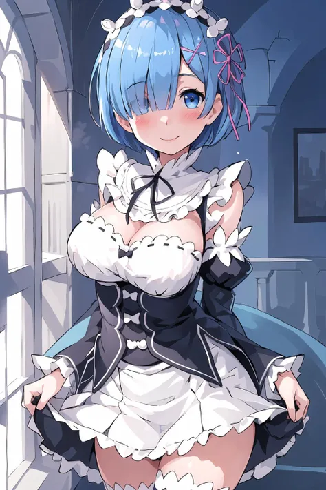 <lora:Rem_Re Zero:0.6>, blue hair, rem \(re:zero\), [smile], blush, castle,, masterpiece, best quality, perfect lighting, 1girl, skirt, medium breasts,