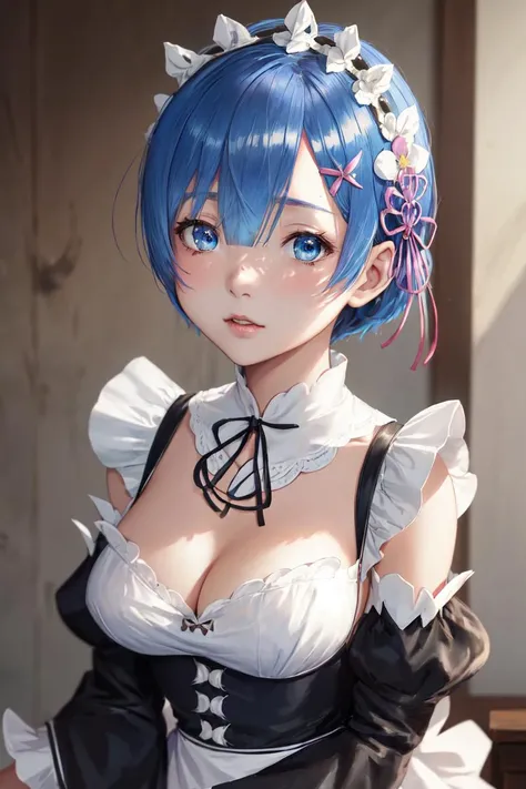 highres, sharp focus, pixiv masterpiece, ((intricate details)), highly detailed, upper body, 1girl, rem_re_zero, blue hair, short hair, maid uniform, hair ornament,  cleavage, maid headdress, detached sleeves, ribbon,,   <lora:Rem_ReZero_v1_1:0.7>