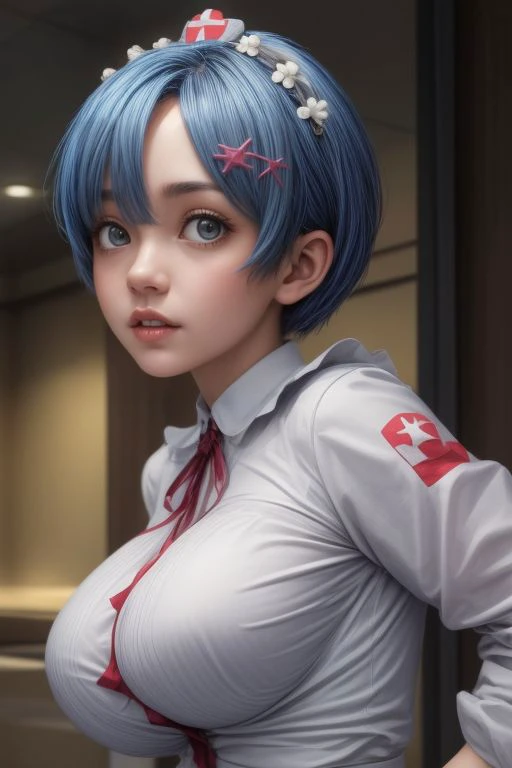 <lora:Rem_ReZero_v1_1:0.80>, (best quality), big head, face surprised, (rem with huge breasts:1.2) in a nurse blouse in hospital, from back <lora:add_detail:1> <lora:LowRA:0.2>