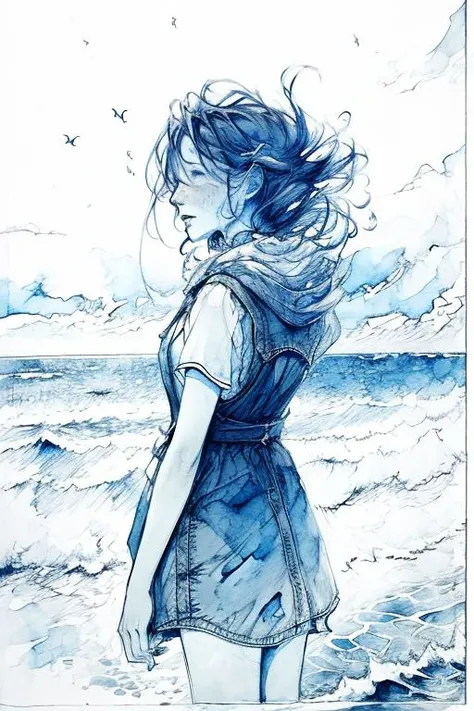 <lora:envybetterhandsLocon_alpha3:1> ,<lora:GreyWater:1>, monochrome,watercolor \(medium\), greyscale, a woman by the sea on a windy day