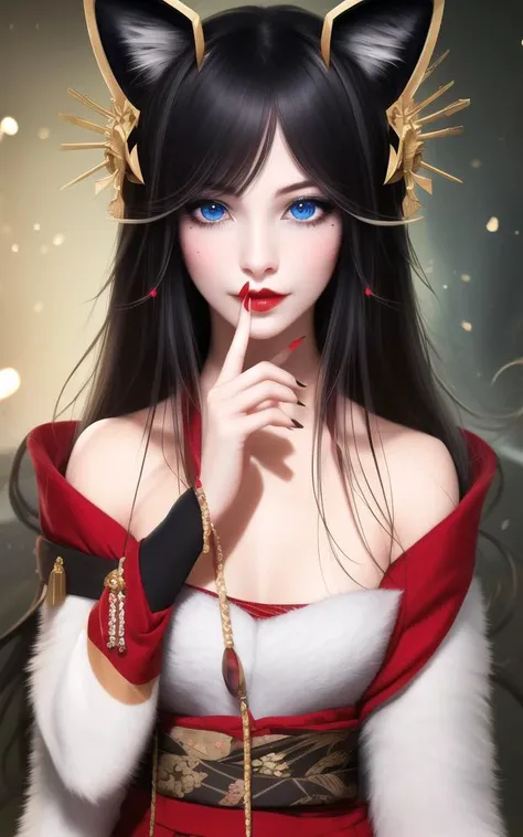 1girl, animal ears, solo,blue eyes, whisker markings, facial mark, black hair, mole, long hair, red lips, hair ornament, looking at viewer, red nails, fingernails, japanese clothes, bangs, bare shoulders, fox ears, lips