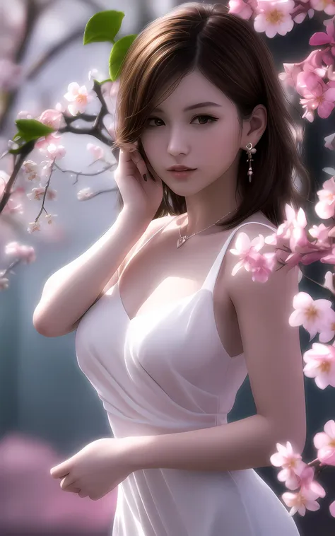 masterpiece,extremely detailed CG unity 8k wallpaper,1girl, beautiful, realistic, blurry, blurry_background, blurry_foreground, branch, brown_hair, plum blossom, depth_of_field, earrings, flower, jewelry, nose, realistic, solo,dress,fingers hidden, arms hidden