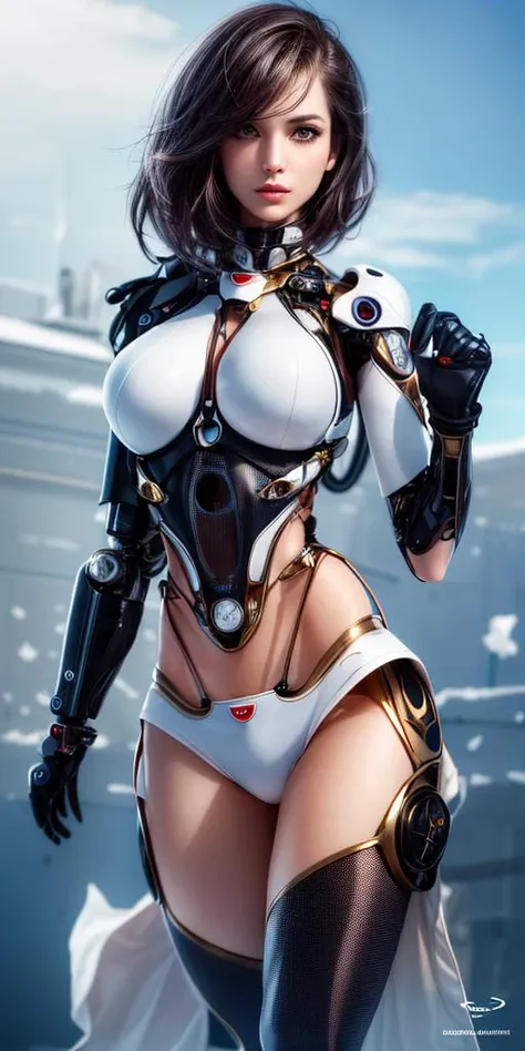 a human female form is merged with a mechanical exosuit,showcasing a striking contrast between the soft,feminine curves and the cold,metallic structure,milk white,(cracked and broken skin :1.2),mechanical limbs are strong and powerful.,
The exosuit's sleek design and curves are accentuated by a soft,pulsing glow,highlighting its organic-like features. The female figure's face is serene,
The artwork raises questions about the boundaries between human and machine,<lora:d\EnvyZoomSliderXL01:0.7>,<lora:add_detail:0.7>,