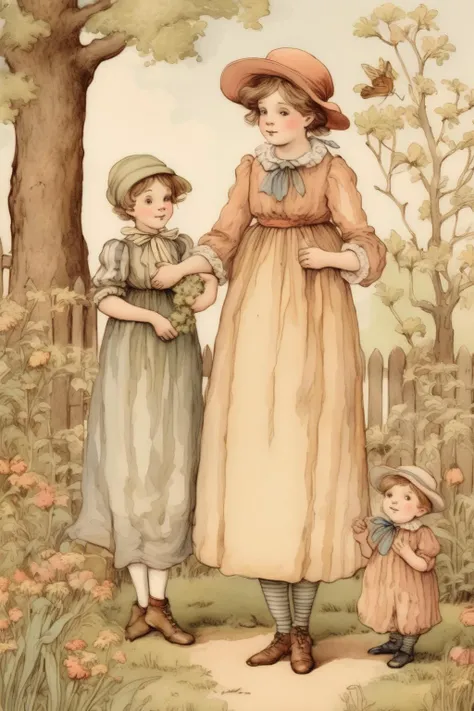 <lora:Kate Greenaway Style:1>Kate Greenaway Style - Illustration inspired by Kate Greenaway, depicts scenes of idyllic childhood with children dressed in late 18th and early 19th-century clothing. pastel color palette and detailed botanical backgrounds. children in innocent poses in natural settings such as gardens and meadows and often include whimsical elements such as fairies and animals