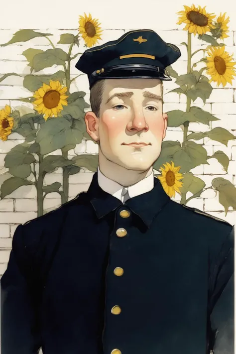 1 mailman, black uniform , sunflowers branch behind him, dim light, (white brick wall background:1.2), a character portrait ,close-up in style of Randolph Caldecott book illustration <lora:Kate Greenaway Style:1>