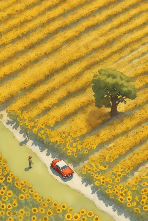 drone view, view from above, a car driving down a road next to a tree in a field of sunflowers and a lone tree, shadows, detailed illustration, environmental art, a storybook illustration, , sunflowers everywhere, color field , in style of Randolph Caldecott book illustration <lora:Kate Greenaway Style:1>