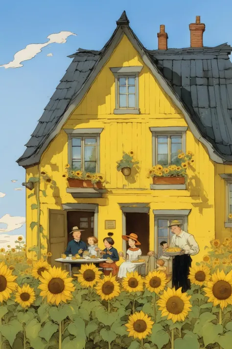 a family having lunch infront a yellow house with a black roof and a field of sunflowers in front of it , in style of Randolph Caldecott book illustration <lora:Kate Greenaway Style:1>