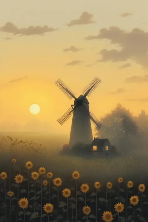 far view, windmill in the fog ,sun set, field of sunflowers, fog in the distance, beautiful landscape, dim light, in style of Kate Greenaway, storybook illustration <lora:Kate Greenaway Style:1>