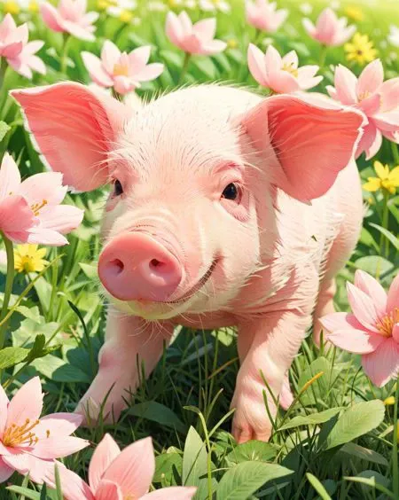 a pink pig on the grass, <lora:UltimatePinkPig_v1.0:0.8>, ultimatepinkpig