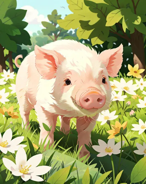 a pink pig on the grass, animal photo, flowers, outdoor, grass, bright, day, soft lighting, cute, <lora:UltimatePinkPig_v1.0:0.65>, ultimatepinkpig, <lora:add_detail:-0.8>