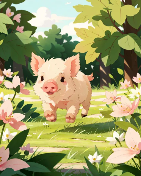 a pink pig running on the grass, animal photo, flowers, outdoor, grass, bright, day, soft lighting, cute, <lora:UltimatePinkPig_v1.0:0.65>, ultimatepinkpig,  <lora:add_detail:-0.8>