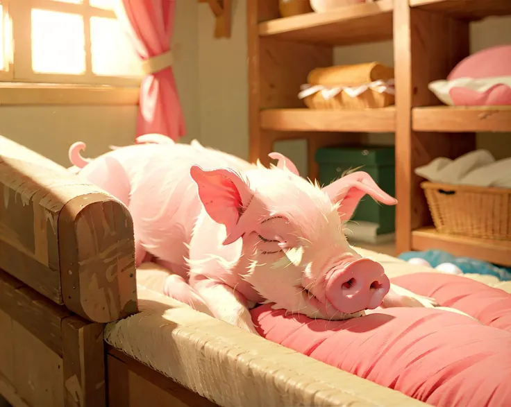 a pink pig sleeping indoor, sleeping, indoor, <lora:UltimatePinkPig_v1.0:0.8>, ultimatepinkpig, <lora:add_detail:-1>