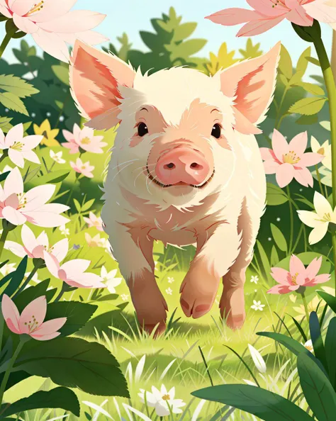 a pink pig running on the grass, animal photo, flowers, outdoor, grass, bright, day, soft lighting, cute, <lora:UltimatePinkPig_v1.0:0.65>, ultimatepinkpig, <lora:add_detail:-0.8>