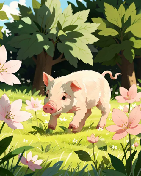 a pink pig running on the grass, animal photo, flowers, outdoor, grass, bright, day, soft lighting, cute, <lora:UltimatePinkPig_v1.0:0.65>, ultimatepinkpig, <lora:add_detail:-0.8>