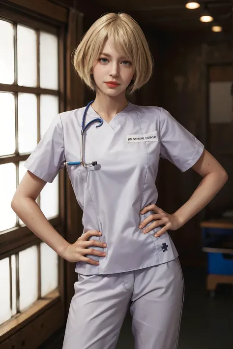 masterpiece,best quality,highres,<lora:ashley-lora-v1.1-128dim-2ep-naivae:0.7>,ashley-re4,1girl,solo,cowboy shot,realistic,blonde hair,short hair,happy,indoors,futoshi slim,hospital,nurse,nurse cap,hands on hips,