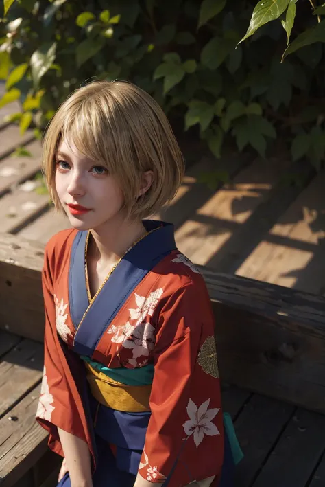 masterpiece,best quality,highres,<lora:ashley-lora-v1.1-128dim-2ep-naivae:0.7>,ashley-re4,1girl,solo,cowboy shot,realistic,blonde hair,short hair,outdoors,happy,kimono,park,leaf,from above,(v arms:1.5),