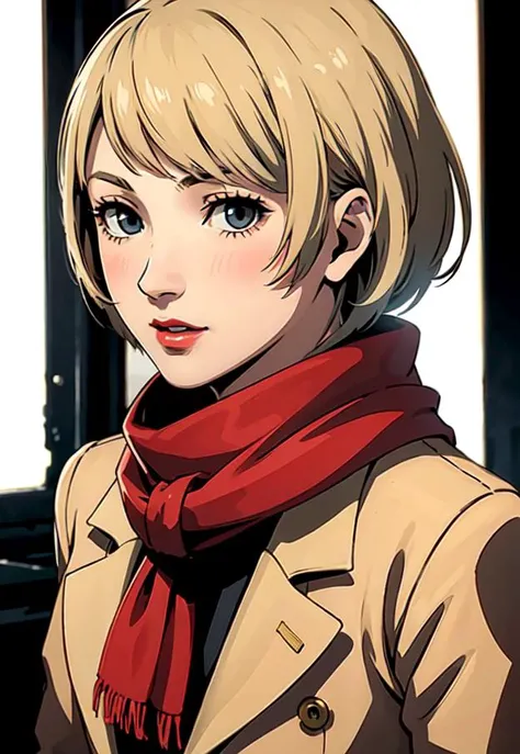 high quality, hd, ashley-re4, 1girl, blonde hair, short hair, scarf, coat, looking at viewer, blush, red lips, white background, highres, shaded face, solo, upper body, <lora:ashleyGrahamResident_v11:0.4>