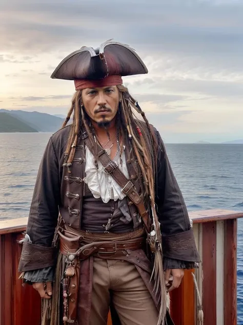 a photo of a mate on a ship, wearing a small tricorn hat with feathers on it, pet shirt, jacket, belt, bandolier, dreads <lora:p1r4t3s_v2:0.85>