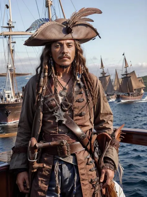 a photo of a mate on a ship, wearing a small tricorn hat with feathers on it, pet shirt, jacket, belt, bandolier, dreads <lora:p1r4t3s_v3:0.85>