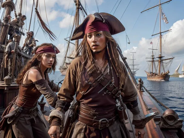 sword fight,  on deck of a pirate ship,  1boy and 1girl fencing on deck,  from below,  dynamic pose, fighting stance,  dynamic angle, perspective, foreshortening, depth of field,  attractive b3linda_n0texist:woman  wearing tricorn with feathers, peasant blouse, pantaloons, knife hilt in her hand,  and man  wearing headband, epee  hilt in his hand, cheering crowd in background <lora:p1r4t3s_v2:0.85> ,  <lora:ClothingAdjuster3:0>