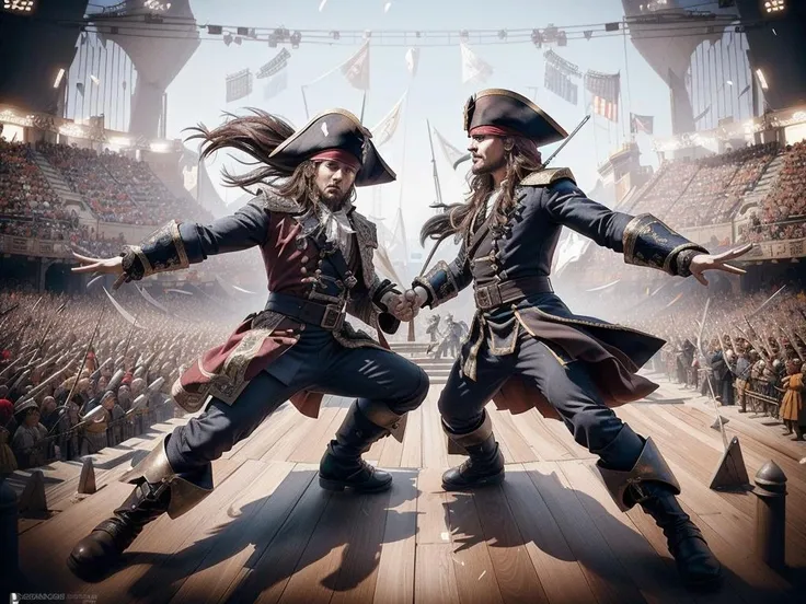 from above,  dynamic pose, fighting stance,  dynamic angle, perspective, foreshortening, depth of field,  2 pirates fencing with cutlasses, cheering crowd in background <lora:p1r4t3s_v3:0.6> ,  <lora:ClothingAdjuster3:-0.5>