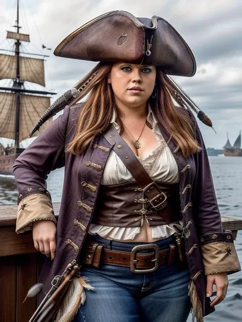 p1r4t3s Rebel Wilson as captain, jacket, tricorn hat with feathers,  ship <lora:p1r4t3s_v2:0.85>