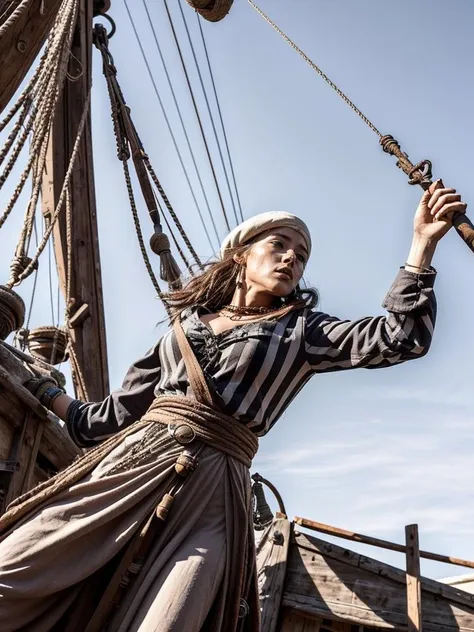 from below, on ship, action shot, dynamic angle ,full body, woman captain hanging on rigging, swinging on rope, solo, holding a sword in her hand by the hilt, wearing a slouch hat with feather, jacket, slender, shapely, belt, bandolier with 2 pistols in it,<lora:p1r4t3s_v6:0.85> n3wp1r4t3