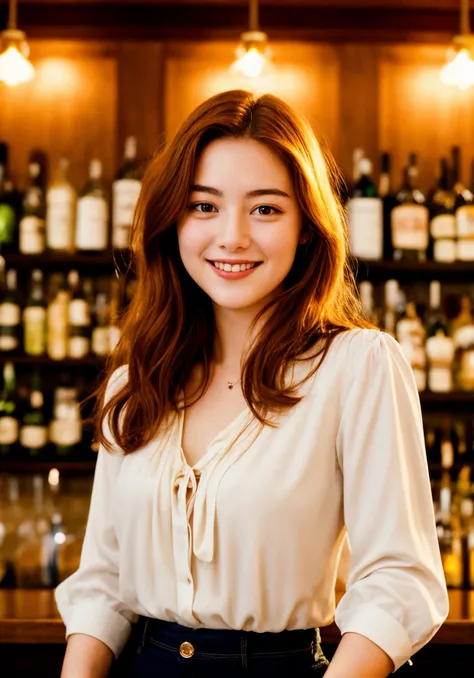 a close up photo of a 20 year old woman in a blouse at a bar, seductive smile, ginger hair, cinematic light, film still,