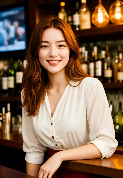 a close up photo of a 20 year old woman in a blouse at a bar, seductive smile, ginger hair, cinematic light, film still,