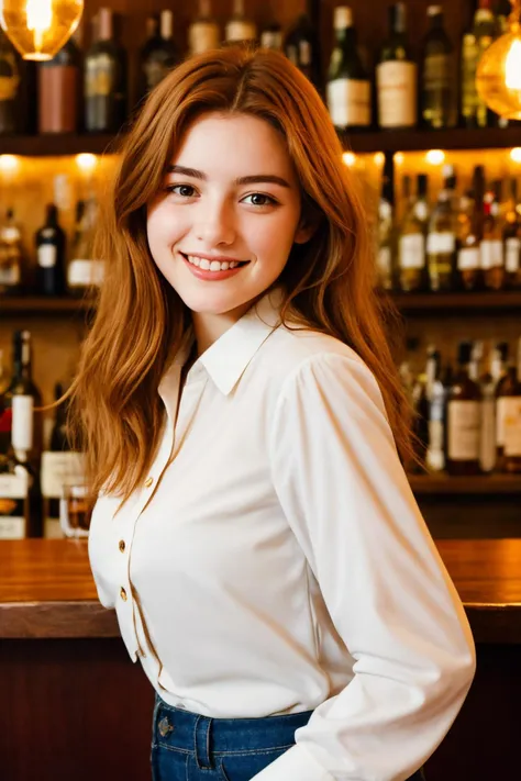 a close up photo of a 20 year old french woman in a blouse at a bar, seductive smile, ginger hair, cinematic light, film still,