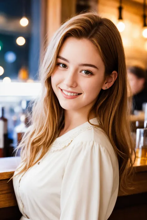 a close up photo of a 20 year old french woman in a blouse at a bar, seductive smile, ginger hair, cinematic light, film still,