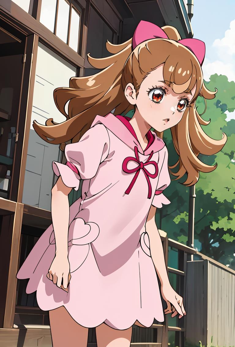 Anime girl in pink dress and pink hat walking down a sidewalk - SeaArt AI