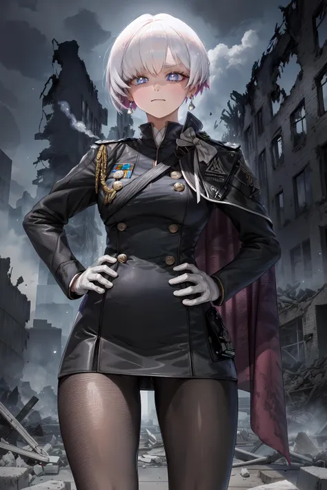 <lora:LiliweissX_V1:0.8> (masterpiece, best quality), liliweissx, earrings, military uniform, cape, black dress, pantyhose, white gloves, ;3, looking at viewer, destroyed building, soft particles, mist, ashes, dark, nightmare, backlighting, dramatic lighting, hand on hip