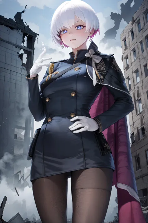 <lora:LiliweissX_V1:0.8> masterpiece, best quality, liliweissx, earrings, military uniform, cape, black dress, pantyhose, white gloves, ;3, looking at viewer, destroyed building, soft particles, mist, ashes, dark, nightmare, backlighting, dramatic lighting, hand on hip