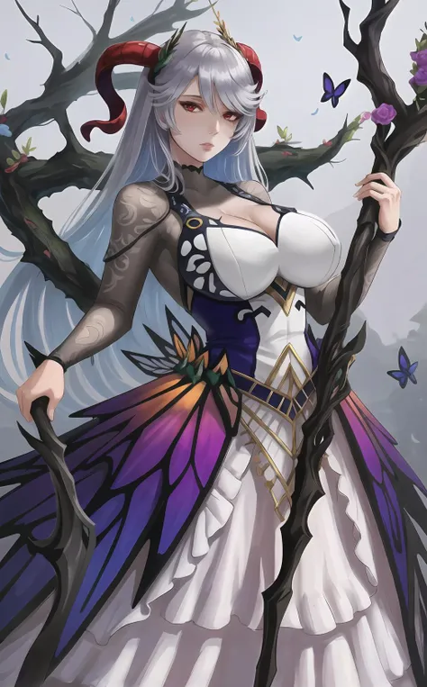 freyjaog, dress, layered dress, bodystocking, long sleeves, butterfly, plant, thorns
extremely detailed, ultrahd, 8k, best quality, masterpiece, 1girl, solo, red eyes, looking at viewer, large breasts, curvy, extremely detailed face, standing, staff, holding staff <lora:freyjafeh-06:0.8>