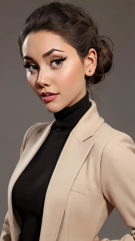 <lora:45ht0n:1> brown updo hair,  brown eyes, perfect face, detailed face, eyes looking at viewer, ((black turtleneck)), beautiful perfect body, highres, masterpiece, simple background, clean background, grey background, <lora:p3r3zstyle_v3:0.25>