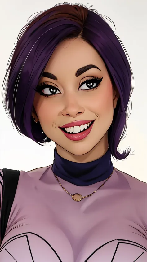 larkin as cartoon character, sfw, dressed, black top, turtleneck, smiling, brown eyes, violet hair, short hair, curvy, upper body, intricate, sharp focus, soft lighting, vibrant colors, masterpiece, (frontal), detailed eyes, advertising studio lights, frontal led light ring, smooth shadows, bokeh background, Hyper Realistic Photography, Hyperdetail, UHD, Color Correction, HDR, color grading, hyper realistic (white background),  <lora:L4rk1NLoRA:0.7>