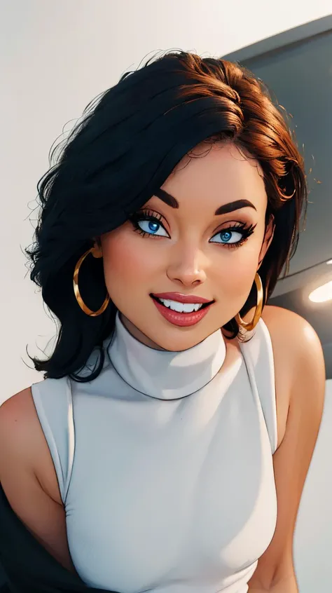 4v4R0s3 as cartoon character, sfw, dressed, black top, turtleneck, smiling, upper body, intricate, sharp focus, soft lighting, vibrant colors, masterpiece, (frontal), detailed eyes, advertising studio lights, frontal led light ring, smooth shadows, bokeh background, Hyper Realistic Photography, Hyperdetail, UHD, Color Correction, HDR, color grading, hyper realistic (white background) <lora:4v4R0s3:0.7>