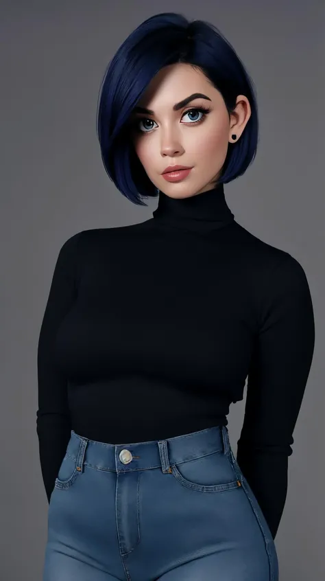 <lora:L4rk1NLoRA:0.7>, perfect face, detailed face, eyes looking at viewer, (black turtleneck, blue denim jeans), violet short hair, hair behind ears, beautiful perfect body, highres, masterpiece, simple background, clean background, grey background, <lora:p3r3zstyle_v2:0.25> <lora:LowRA:0.9>