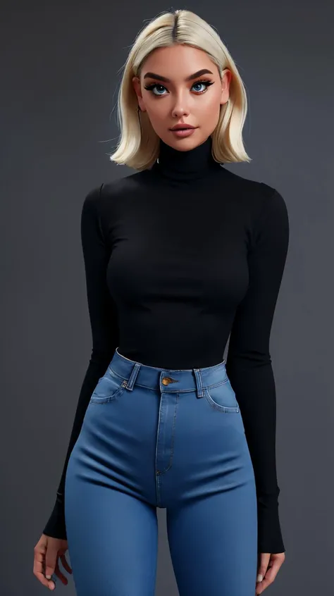 <lora:G140My:0.7>, perfect face, detailed face, eyes looking at viewer, (black turtleneck, blue denim jeans), blonde, hair behind ears, beautiful perfect body, highres, masterpiece, simple background, clean background, grey background, <lora:p3r3zstyle_v2:0.25> <lora:LowRA:0.9>