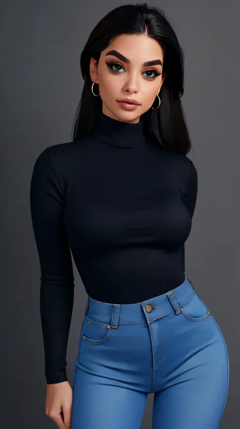 <lora:K1ttyC:0.7>, perfect face, detailed face, eyes looking at viewer, (black turtleneck, blue denim jeans), hair behind ears, beautiful perfect body, highres, masterpiece, simple background, clean background, grey background, <lora:p3r3zstyle_v2:0.25> <lora:LowRA:0.9>