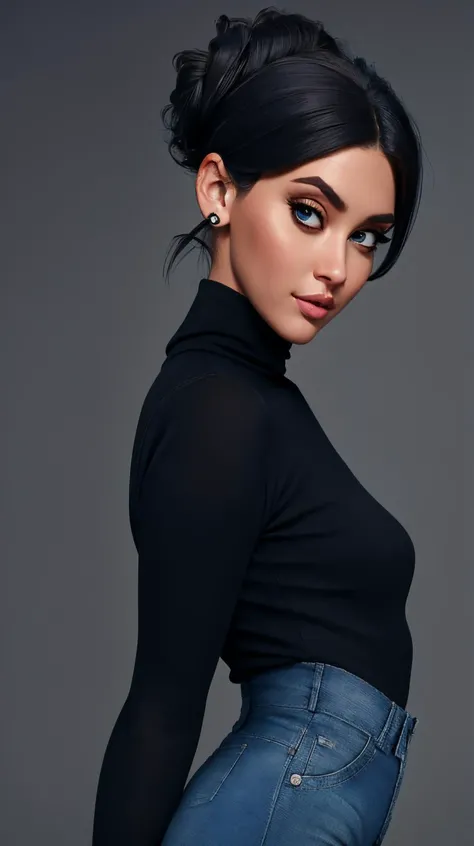 <lora:M4ndyMus3:0.7>, perfect face, detailed face, eyes looking at viewer, (black turtleneck, blue denim jeans), updo hair behind ears, beautiful perfect body, highres, masterpiece, simple background, clean background, grey background, <lora:p3r3zstyle_v2:0.25> <lora:LowRA:0.9>