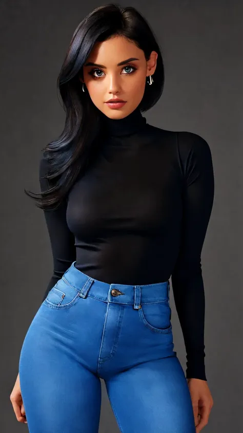 <lora:13r00k3L33:0.7>, perfect face, detailed face, eyes looking at viewer, (black turtleneck, blue denim jeans), hair behind ears, beautiful perfect body, highres, masterpiece, simple background, clean background, grey background, <lora:p3r3zstyle_v2:0.25> <lora:LowRA:0.9>