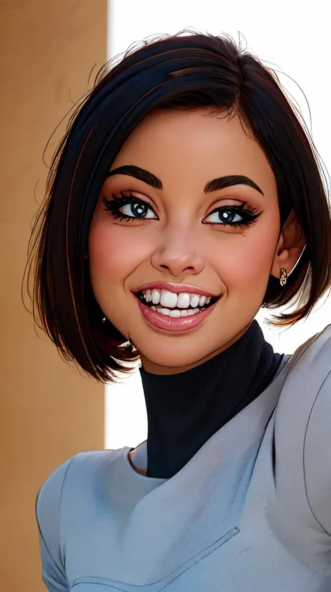 <lora:13r00k3L33:0.7> as cartoon character, sfw, dressed, black top, turtleneck, smiling, short hair, brown eyes, upper body, intricate, sharp focus, soft lighting, vibrant colors, masterpiece, (frontal), detailed eyes, advertising studio lights, frontal led light ring, smooth shadows, bokeh background, Hyper Realistic Photography, Hyperdetail, UHD, Color Correction, HDR, color grading, hyper realistic (white background)