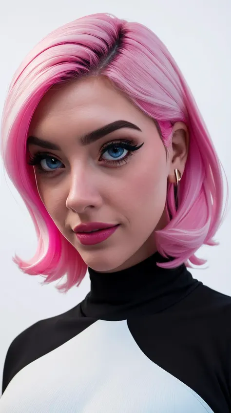 <lora:G140My:0.7> as cartoon character, sfw, dressed, black top, turtleneck, pouting, pink hair, upper body, intricate, sharp focus, soft lighting, vibrant colors, masterpiece, (frontal), detailed eyes, advertising studio lights, frontal led light ring, smooth shadows, bokeh background, Hyper Realistic Photography, Hyperdetail, UHD, Color Correction, HDR, color grading, hyper realistic (white background)