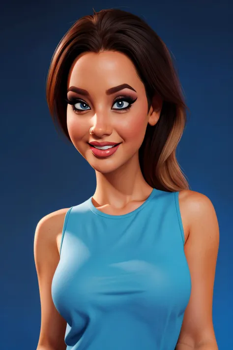 <lora:add_detail:0.5> <lora:copax_charm_eu:0.2> (J7nxM4z3 cartoon character, 3d, photorealistic, masterpiece, best quality, ssao shadows, ambiant occlusion, skin indentation, sub surface scattering), amused, lipstick, upper body, simple background, dark blue background, sfw, dressed,<lora:p3r3zstyle_v2:0.7> <lora:J4yd2nJ:0.7>
