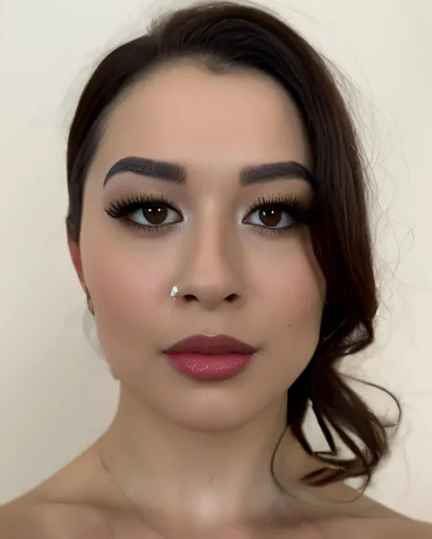 frontal symetrical photo of <lora:L4rk1NLoRA:1> focus on face, detailed face, intricate, sharp focus, black hair, soft lighting, vibrant colors, masterpiece, detailed face, beautiful, (frontal), detailed eyes, pore level details, advertising studio lights, frontal led light ring, smooth shadows, bokeh background, Hyper Realistic Photography, Hyperdetail, UHD, Color Correction, HDR, color grading, hyper realistic (white background)